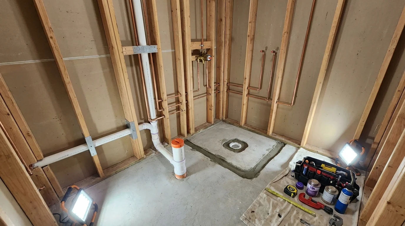 Bathroom rough-in plumbing during remodel by Johns Plumbing LLC in Bennington