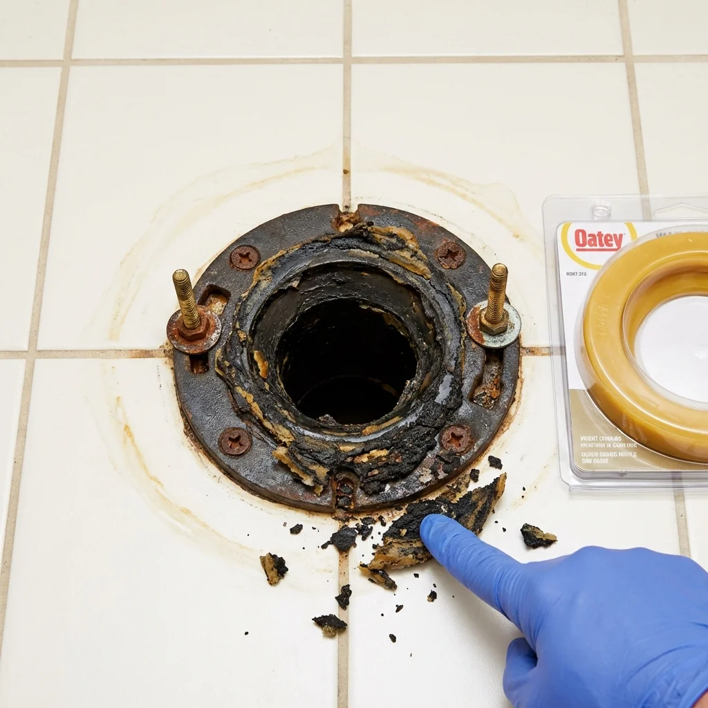 Failed wax ring showing water seepage at the base of a toilet in a Bennington, VT home