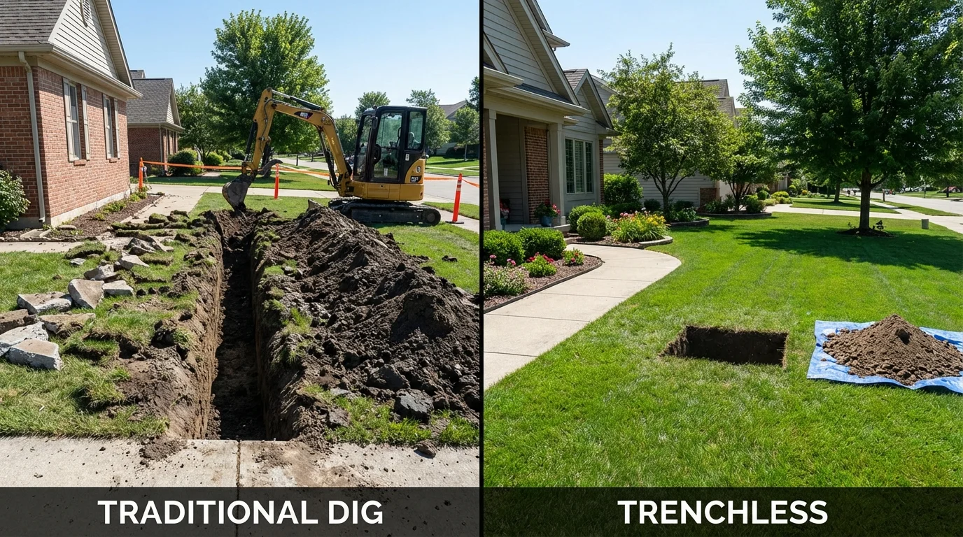 Trenchless sewer repair with minimal yard damage versus traditional excavation in Bennington, VT